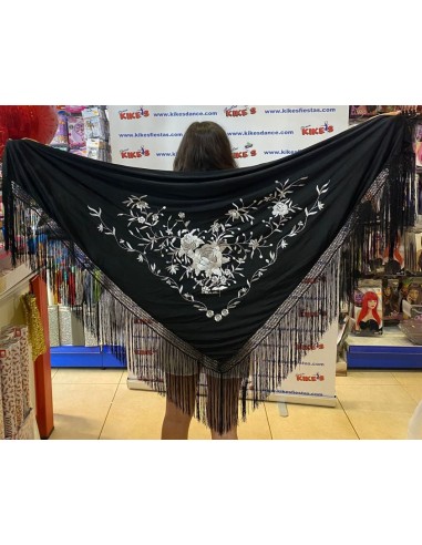 MANTÓN FLAMENCA EN PICO NEGRO CON BORDADO BLANCO