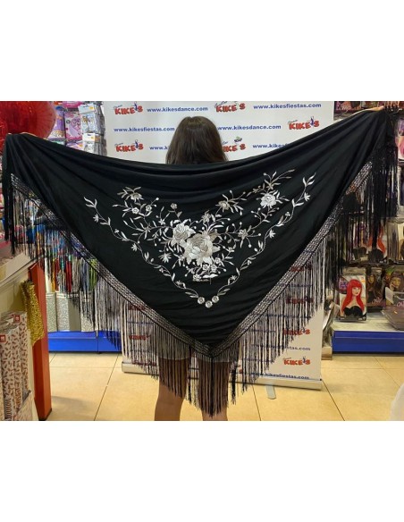 MANTÓN FLAMENCA EN PICO NEGRO CON BORDADO BLANCO