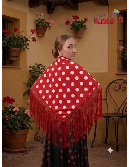 MANTÓN ROJO FLAMENCA LUNARES BLANCOS